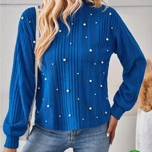 Shein Solid Ribbed Beaded‎ T-shirt, Elegant Long Sleeve Blue Sweater